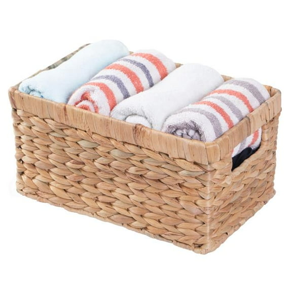 6 x 12 x 7.5 in. Natural Woven Water Hyacinth Wicker Rectangular Storage Bin Basket with Handles, Brown - Small