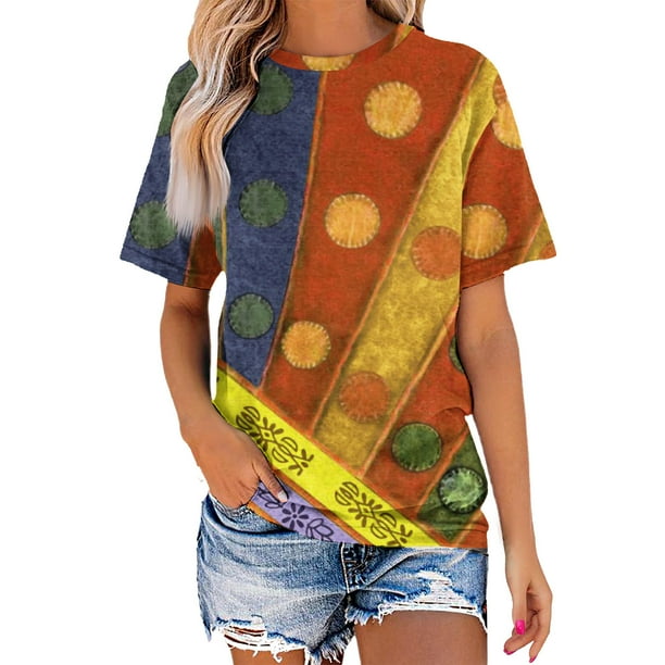 Blusa de Manga Corta Cuello Redondo Impreso Señoras Casual Top, Blusa Ligera de Poliéster para el Trabajo, la Fiesta Y Toda la Temporada de Uso Diario