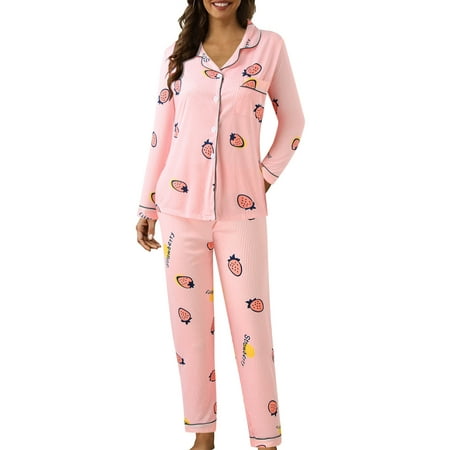 

ZRBYWB Pajamas For Women Casual Lapel Button Polka Dot Strawberry Print Two Piece Long Sleeve Pajamas Suit Women Pajama Set