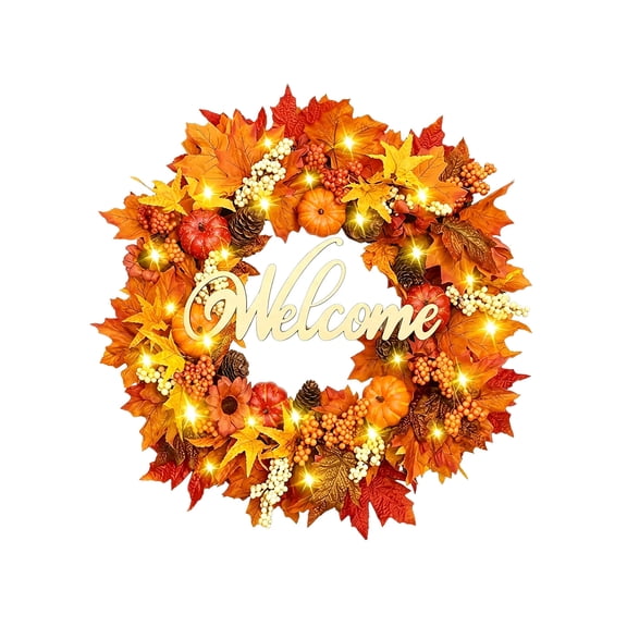 AYktou Thanksgiving Wreath with LED Light, 12 Inch Fall Wreaths for Front Door, Artificial Maple Leaves Pumpkin Berries Door Hanging Fall Wreath for Porch Outdoor Indoor Wall Window Harvest Decor