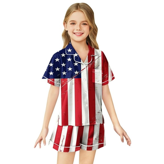 DGMIOCS Girls Outfits Set Satin Pajama Set for Kids 4th of July Printed Short Sleeve Nightwear Comfortable Sleepwear for Girls Satin Sleep Set Easy Care Soft and Safe Red 8-9 Years