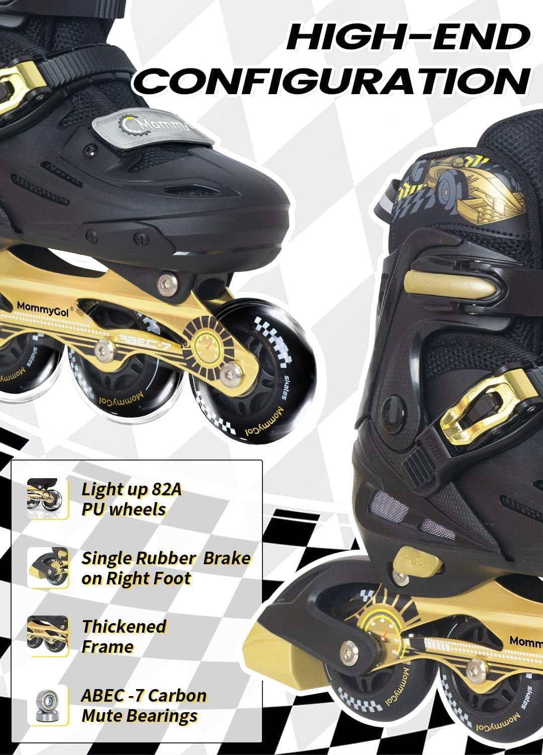 MammyGol Kids Adjustable Inline Skates Light Up Roller Skates with PU Wheels Ages 7 8 9 Years Cool Cars Styles For Birthday Gifts(Golden)