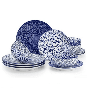 Plates and Bowls Set for 4, 12 Pieces Dinnerware Sets, Mircowave and Dishwasher Safe Dishes Set, Porcelain Blue Dinnerware