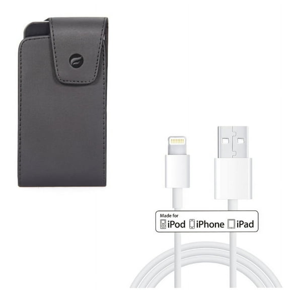 6ft MFi USB Cable w Case Belt Clip for iPhone 8/7/6S/6 - Certified Charger Cord Power Wire Sync, Leather Swivel Holster Vertical Cover for iPhone 8/7/6S/6 Models