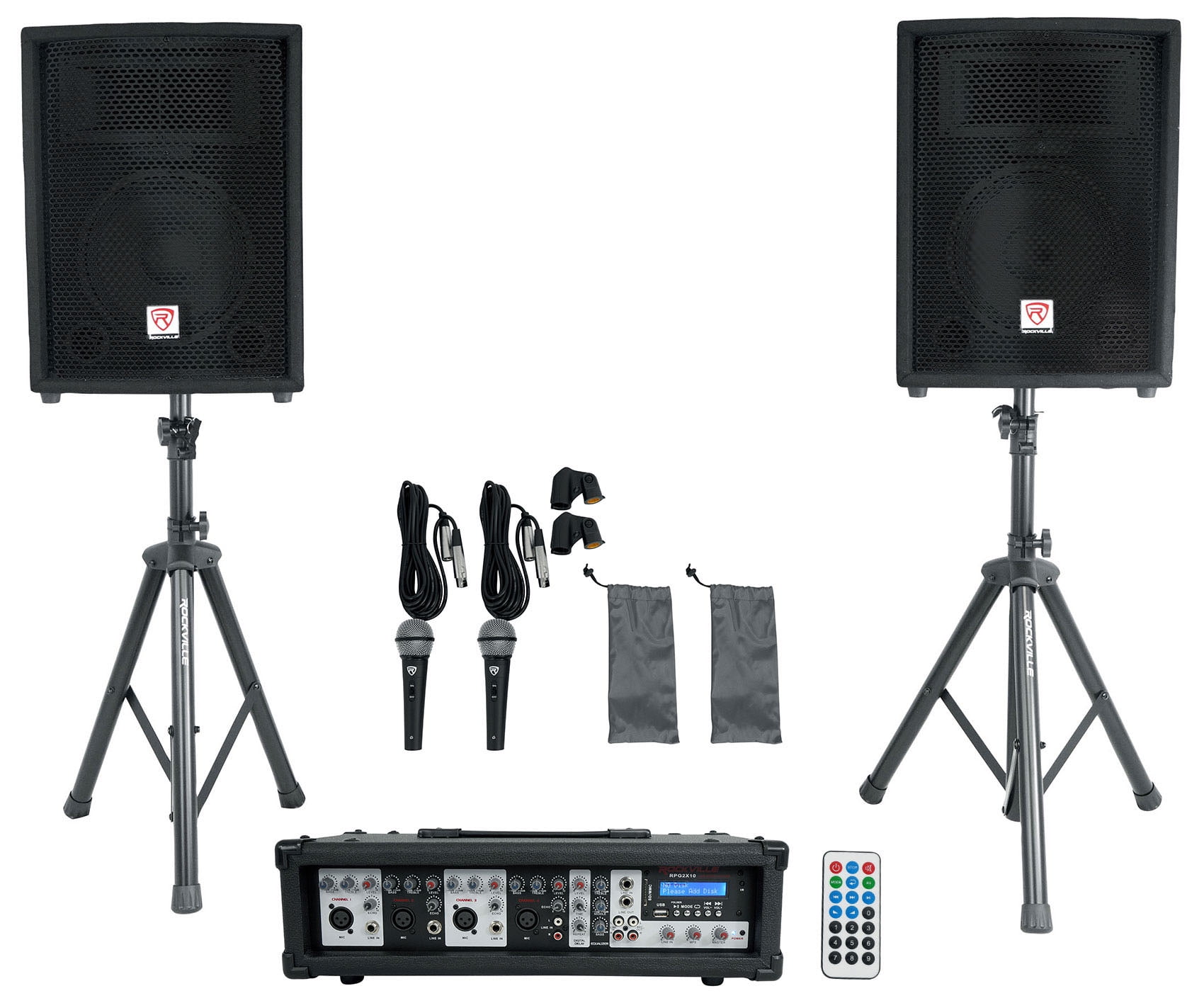 Rockville RPG2X10 Package PA System Mixer/ Amp+10 inch Speakers+Stands