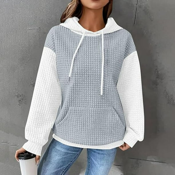 Ailaofu Women's Hooded Sweatshirt Waffle Long Sleeve Drawstring Knit Color Block Hoodies Pullover