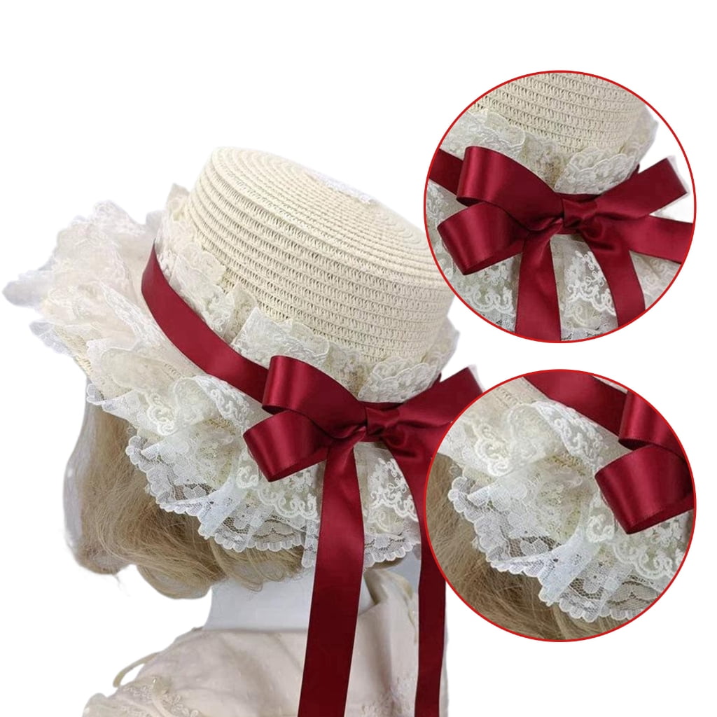 TIERPOP Breathable Straw Bonnet Hat Comfortable Victorian Theme Event Hat With Lace Trim and Bowknot For Cosplay Gatherings
