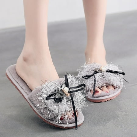 

〖Yilirongyumm〗 Grey 38 Slippers For Women Open Slippers Women Furry Toe Warm Flat Slip On Home Plush Bow Keep Shoes Home Women s Slipper