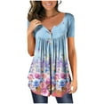 thumbnail image 2 of Brilliant Women Fashion V- Neck Floral Printed Tunic Tops Buttons Short Sleeve T-shirt, 2 of 7