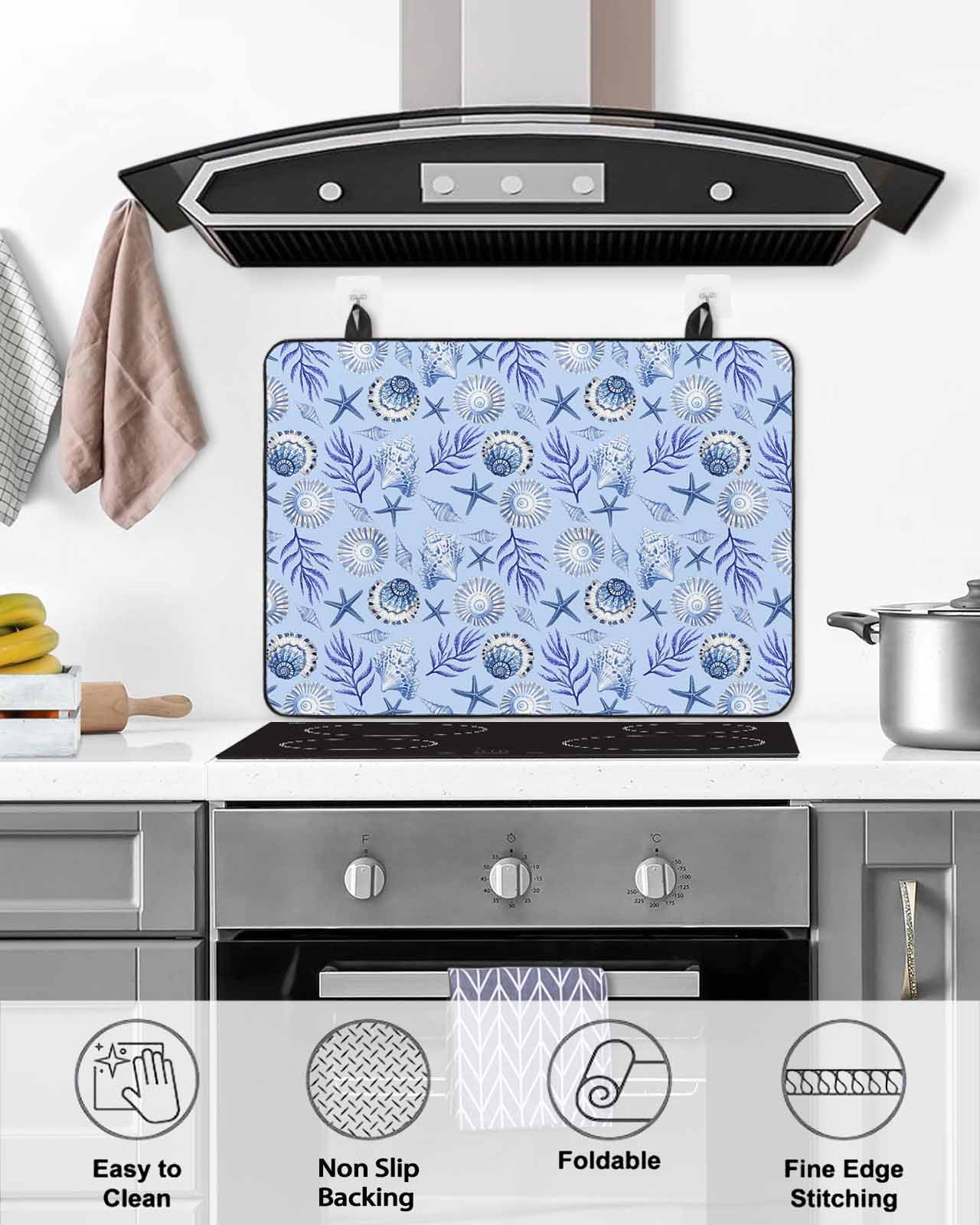 nqOlkjepod Large Induction Cooktop Protector Mat 36"x21", Blue Coastal Conch Stove Top Covers for Electric Stove, Summer Ocean Starfish Coral Shell Stove Burner Cover Mats, Glass Top Stove Cover
