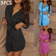 thumbnail image 2 of biudgviw 3PC Silk Robes for Women 3/4 Sleeve Lace Trim Short Bathrobes Soft V Neck Casual Lightweight Belted Loungewear, 2 of 7