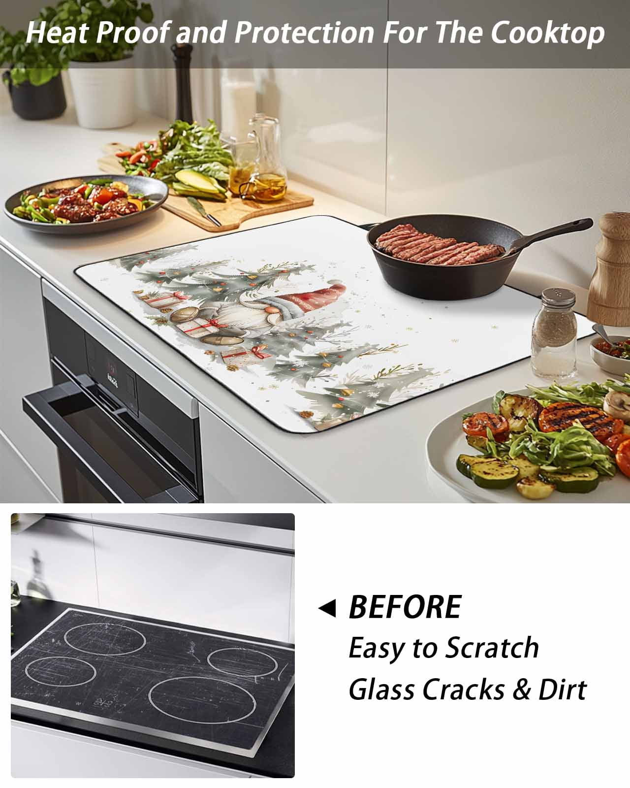 Christmas Stove Top Covers for Electric Stove, 28'x20'' Gnome Evergreen Cap Bells Watercolor Glass Ceramic Stove Cover Foldable Rubber Mat Heat Resistant Cooktop Protector for Kitchen