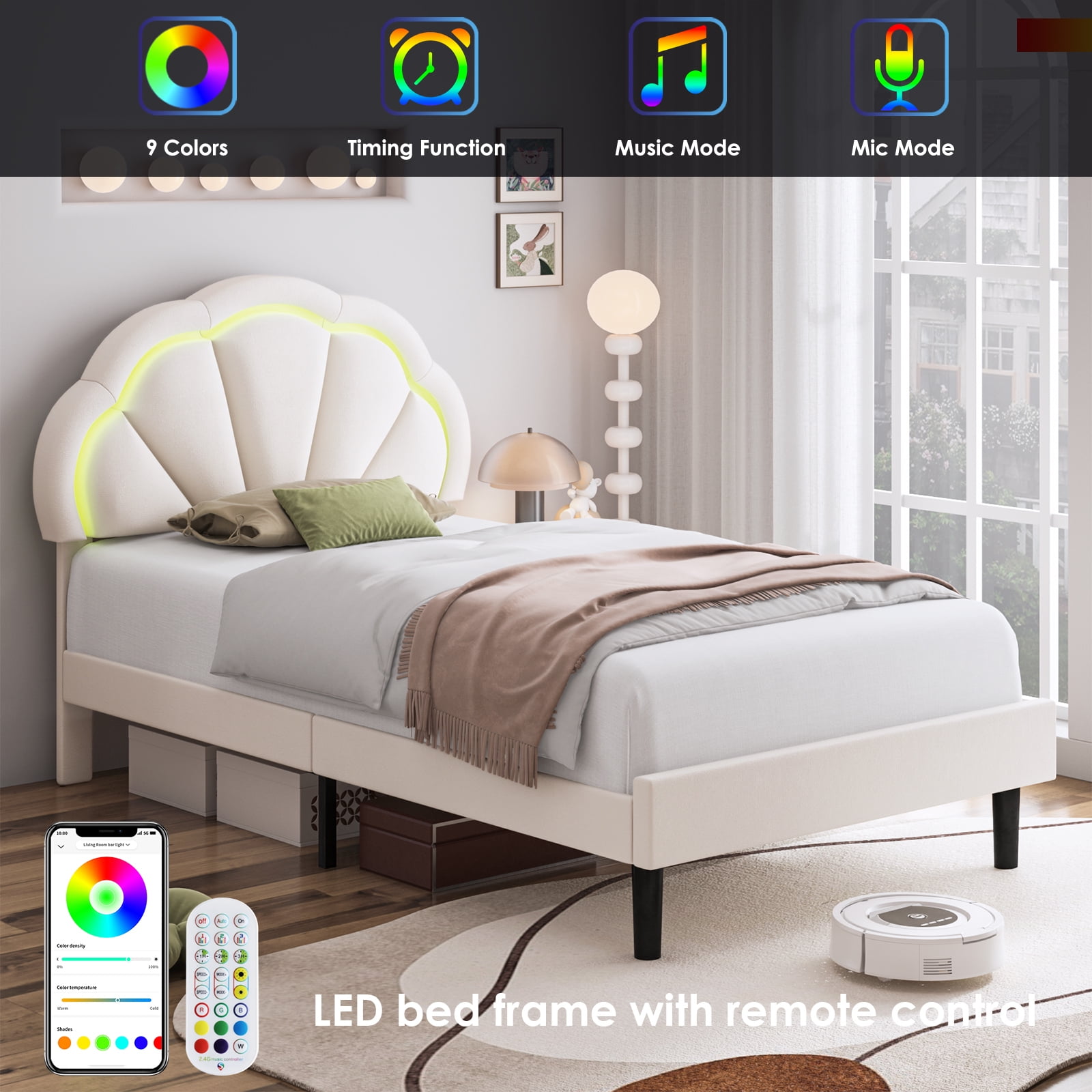 Homfa LED Bed Frame, Twin Size Velvet Upholstered Platform Bed with Adjustable Headboard, Lights Seashell Bed, Off-White