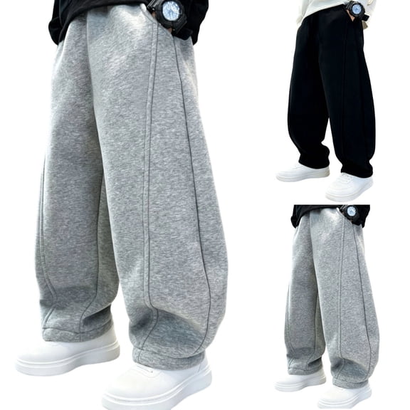 Miqool Boys Fall Cotton Baggy Sweatpants Loose Fit Elastic Waist Soft Wide Leg Jogger Pants for School Sports Casual Wear