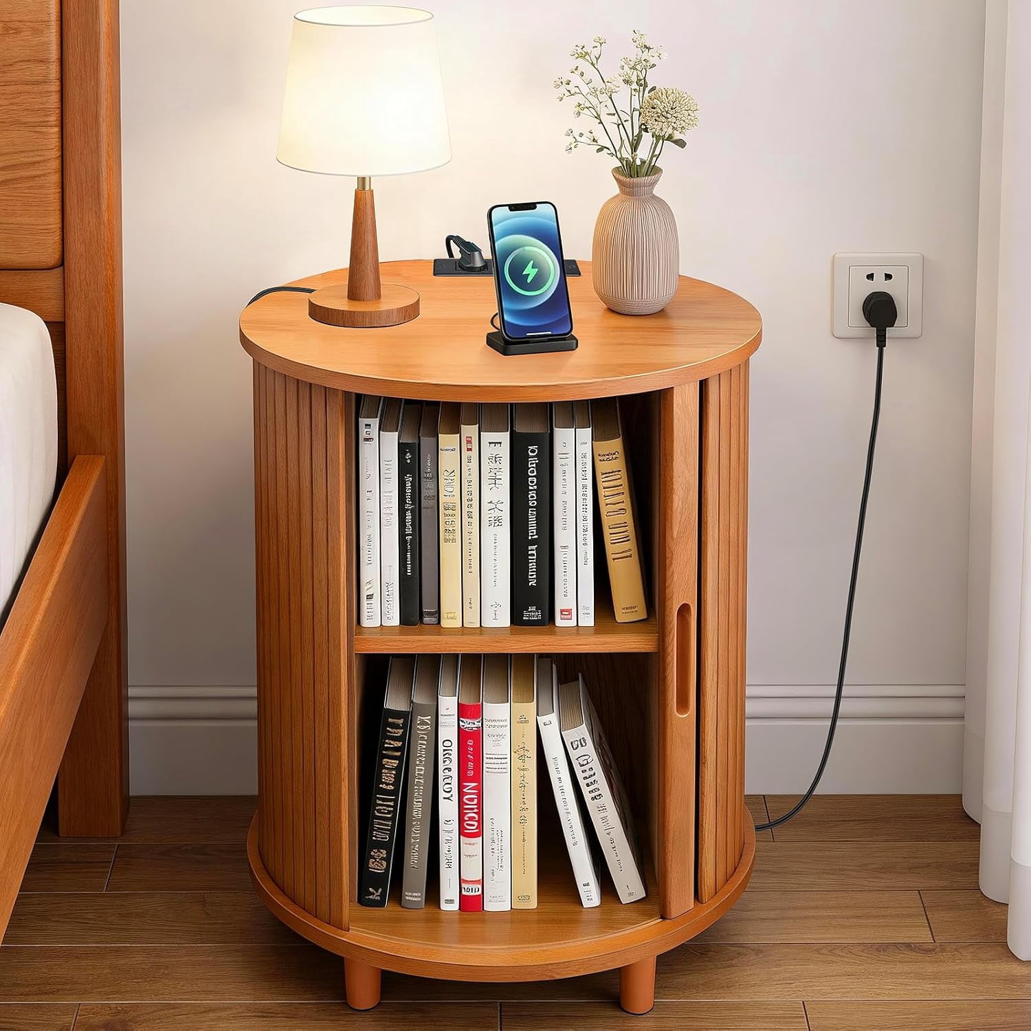 Mid-Century End Table Set of 2 with Charging Station & Storage, Sliding Door and Adjustable Shelf, Nightstand for Small Spaces, Living Room, Bedroom, Yellow Walnut