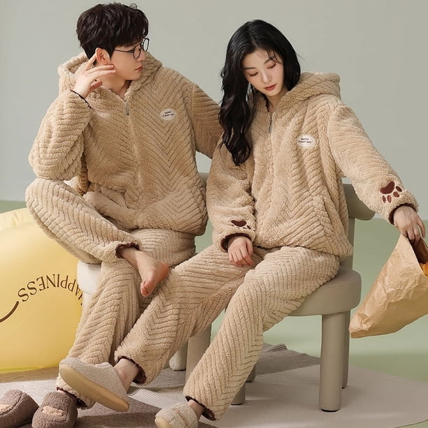 Pijamas de pareja Otoño e Invierno Polar Coral Hombres y Mujeres Polar Espesado Franela Con Capucha Invierno