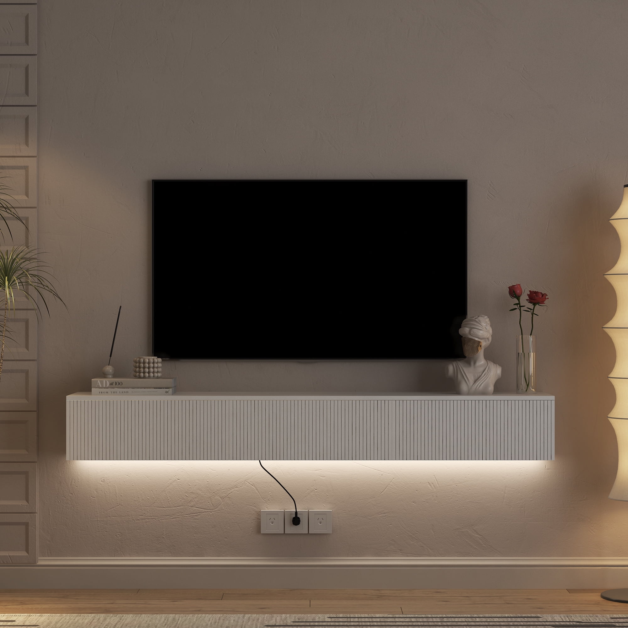 Yoneston 69" Wall Mounted Floating TV Stand wih LED for 55/60/65inch TV, Modern TV Stand with Drawer, High Gloss Entertainment Center for Living Room, White