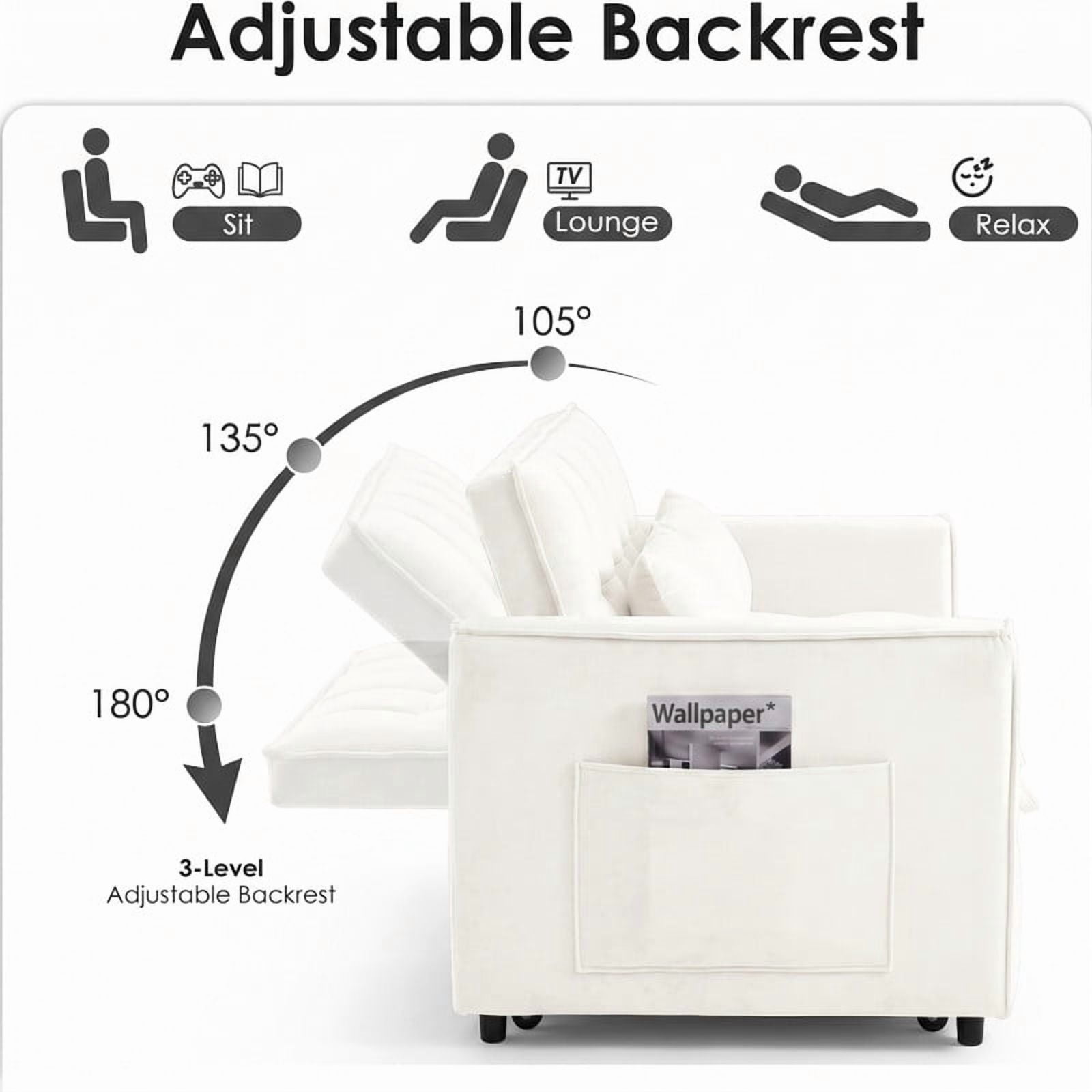 Gewnee 55" Sofa Bed, Convertible Sleeper Sofa & Pull Out Couch, 3-in-1 Velvet Loveseat with Adjustable Backrest and Storage Pocket, Beige