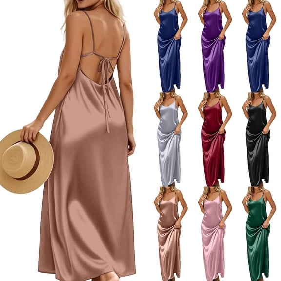 Zpzdpjkx Women's Satin Maxi Dress Backless Tie Strap Crew Neck Casual Lounge Dress for Women
