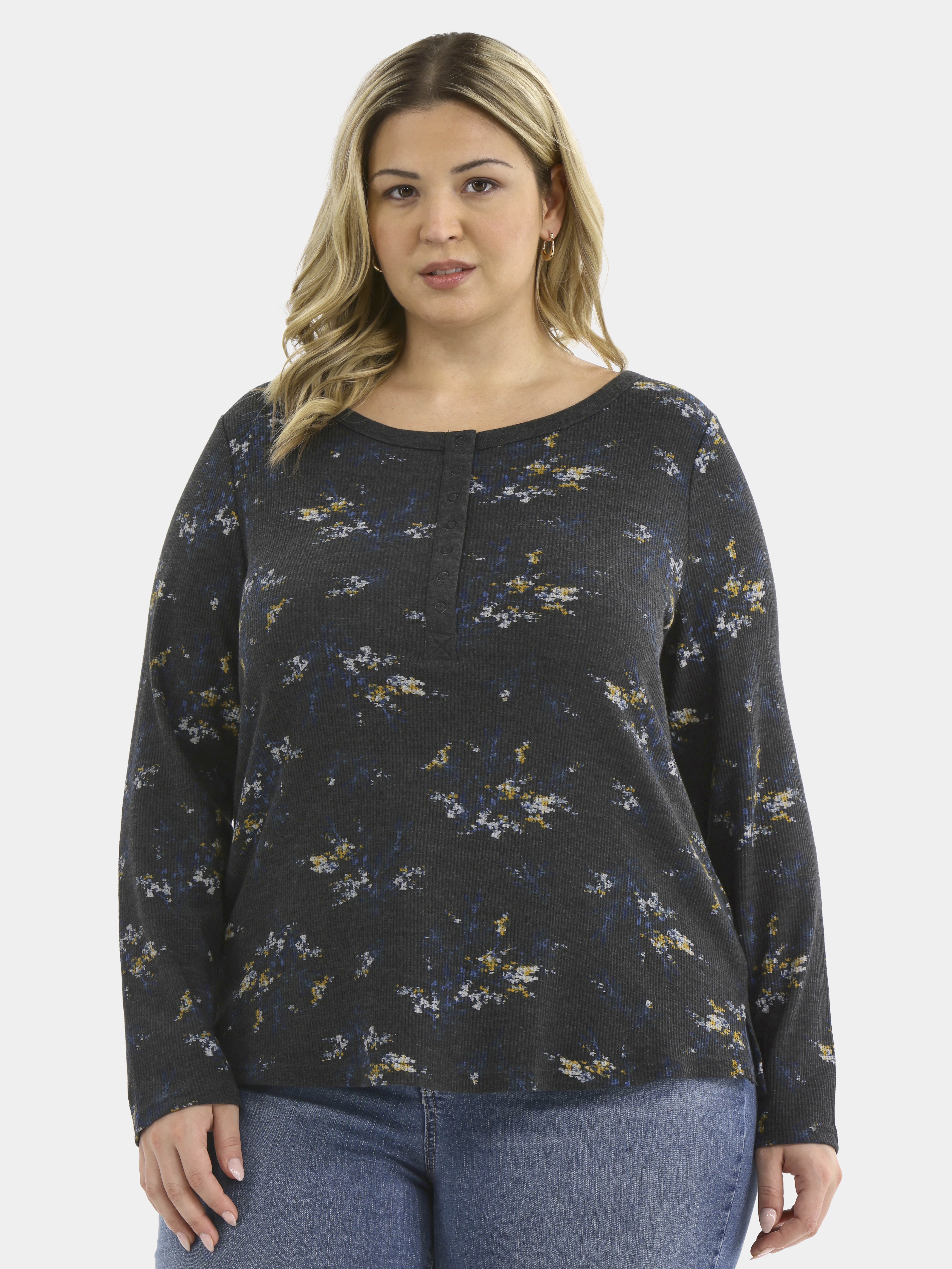 Terra & Sky Women’s Plus Waffle Henley 2 Pack, Sizes 0X-5X
