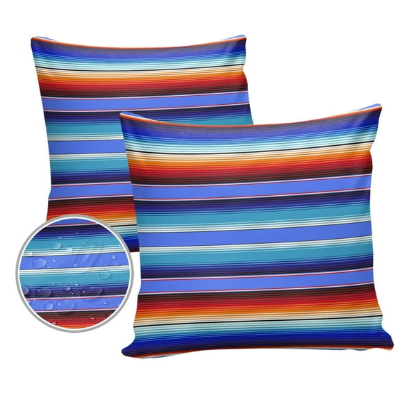 Pack of 2 Outdoor Pillow Covers, Colorful Mexican Stripes Blue Waterproof Square Throw Pillowcase Cushion Decorative Pillow Covers for Couch Patio Tent, 24x24 in