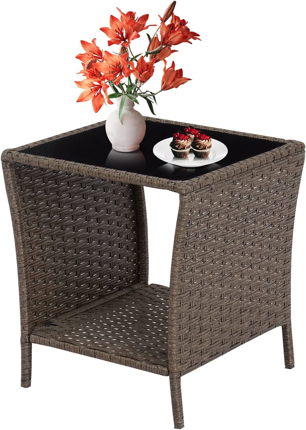 Outdoor Side Table Wicker Rattan Side Tables, End Table for Patio with