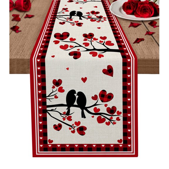 Valentine's Love-Birds, Table Runner 48 Inches, Rustic Farmhouse Buffalo Plaid Red Heart Bed Runner Dresser Scarves Tabletop for Indoor Outdoor Parties/Ceremony/Banquet, 13" x 48"