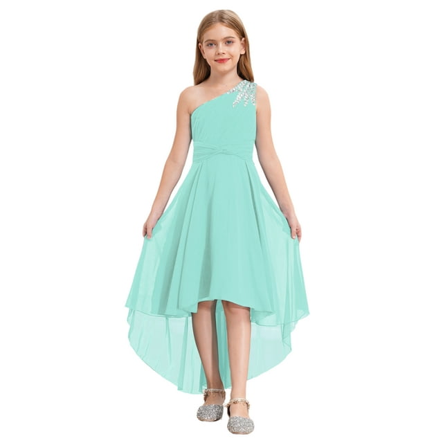 Manyakai Robe à une Épaule pour Filles, Ourlet Haut-Bas, Robe de Princesse à Volants, Taille Haute, Robe de Danse de Soirée Vert Menthe 10