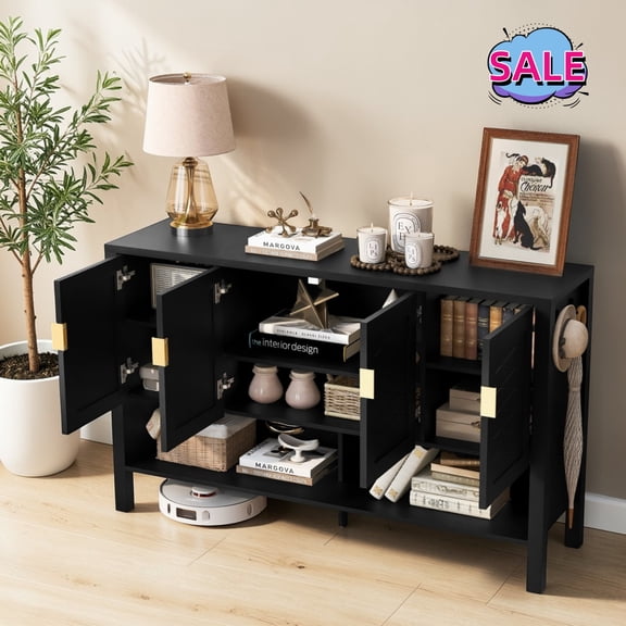 Hassch 55.1" Buffet Cabinet with Storage, 4-Door Sideboard Cabinet with Adjustable Shelves, Modern Coffee Bar Cabinet for Living Room, Kitchen, Entryway, Black