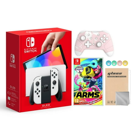 2021 New Nintendo Switch OLED Model White Joy Con 64GB Console Improved HD Screen & LAN-Port Dock with Arms And Mytrix Wireless Switch Pro Controller and Accessories