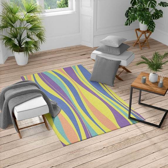 Vintage Turkish Area Rug, Retro Vibrant Stripes Funky Lines Design Patterns Abstract Print, Soft Carpet for Living Room Decor with Distressed Look, 6.6' X 9.6', Pastel Yellow, by Ambesonne