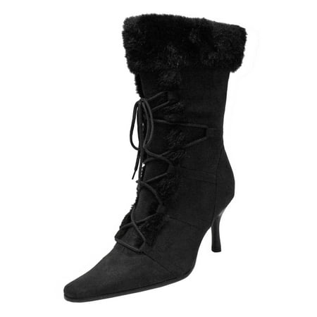 

Black Lace-Up Faux Fur Trim Retro Style Womens Boots Size 6