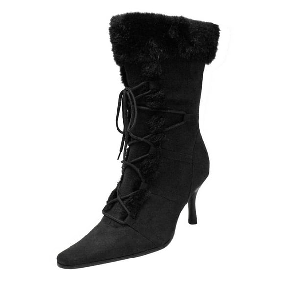 Black Lace-Up Faux Fur Trim Retro Style Womens Boots Size 6