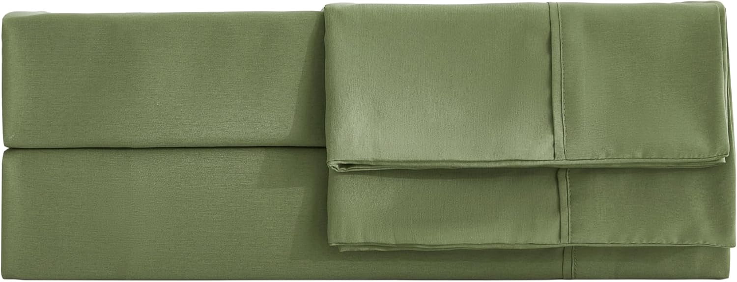 Chezmoi Collection 4-Piece Stone Washed California King Sheet Set, Rayon Derived from Bamboo & Polyester Blended, Breathable & Cooling 15-Inches Deep Pocket Sheets & Pillowcases Set, Olive Green