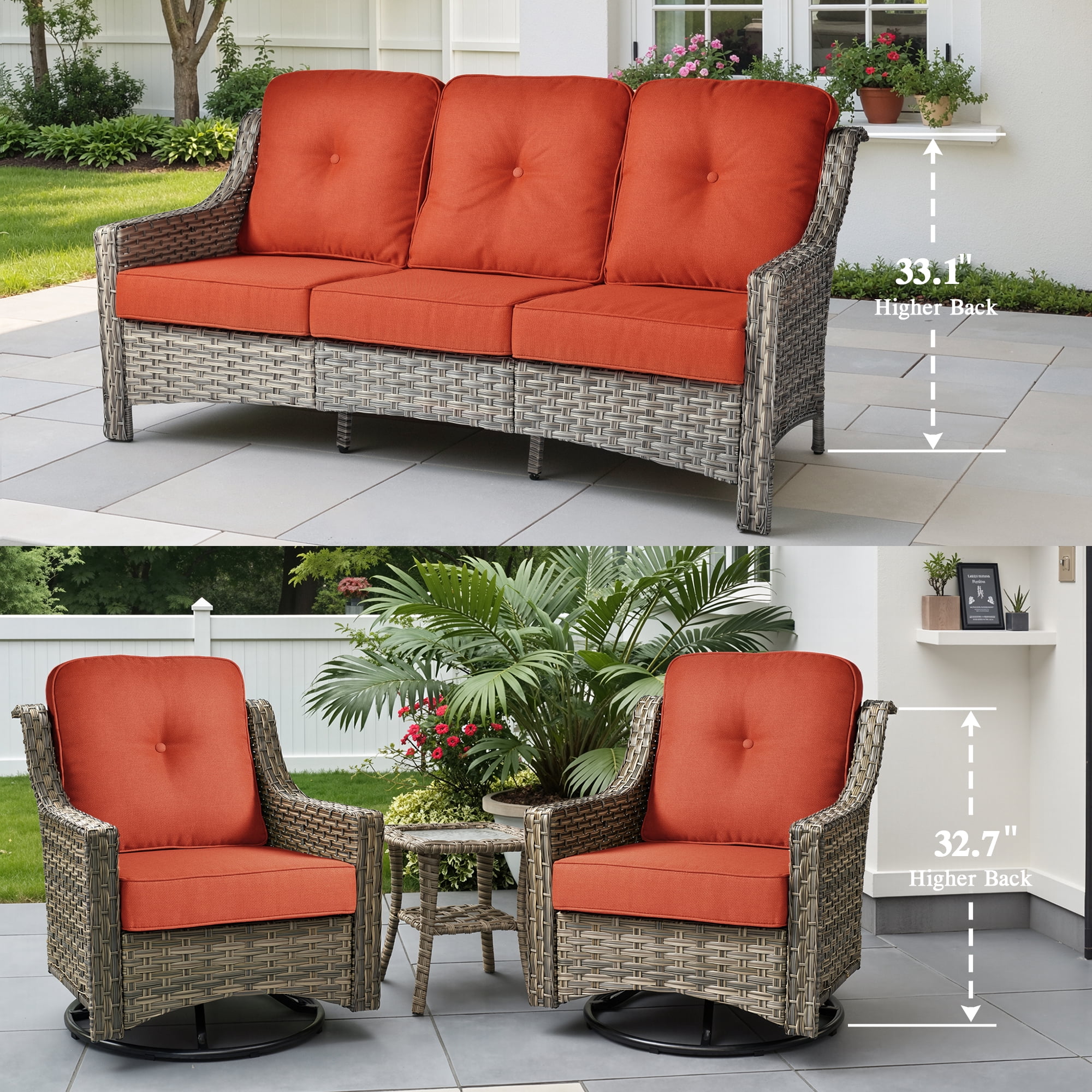 Ovios 5 Pieces Outdoor Patio Furniture Set High-Back Rattan Wicker Conversation Set Outdoor Sectional with Swivel Chairs & Solar Light Coffee Table, Coarse Orange Red