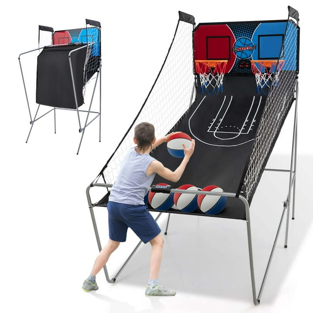 Costway Juego arcade de baloncesto de doble disparo con 8 modos de juego, sonido arcade, puntuación electrónica, color rojo