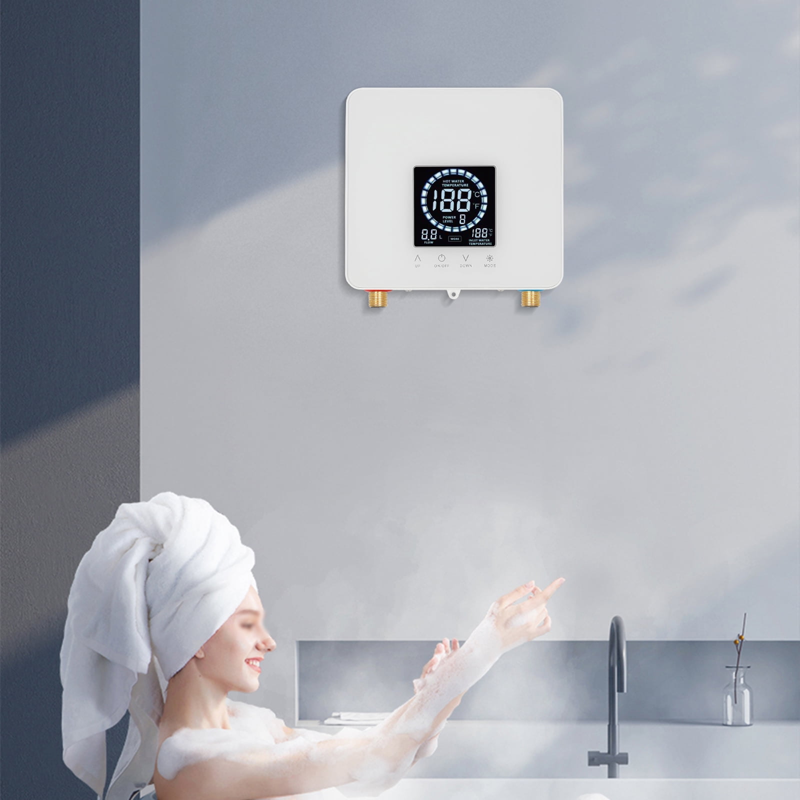 8.86*8.27*2.95in Wall Mounted Rectangular White Instant Electric Water Heater with LED Display for Bathrooms