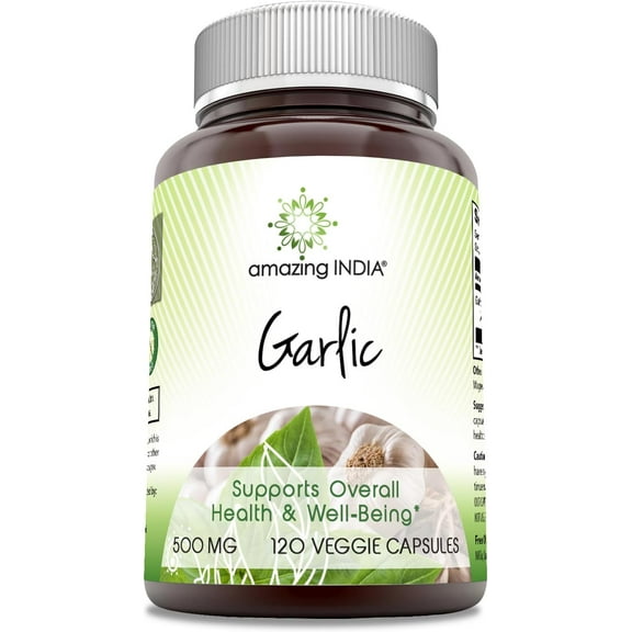 Amazing India Garlic 500 mg 120 Veggie Capsules Supplement | Non-GMO | Gluten-Free | Made in USA | Suitable for Vegetarians