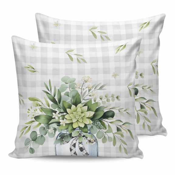 24x24 Pillow Covers Set of 2, Eucalyptus Leaf Throw Pillow Covers Decorative Couch Cushion Case, Green Plants Farmhouse Grey Plaid Country Microfiber Square Pillowcases for Bedroom Car Living Room