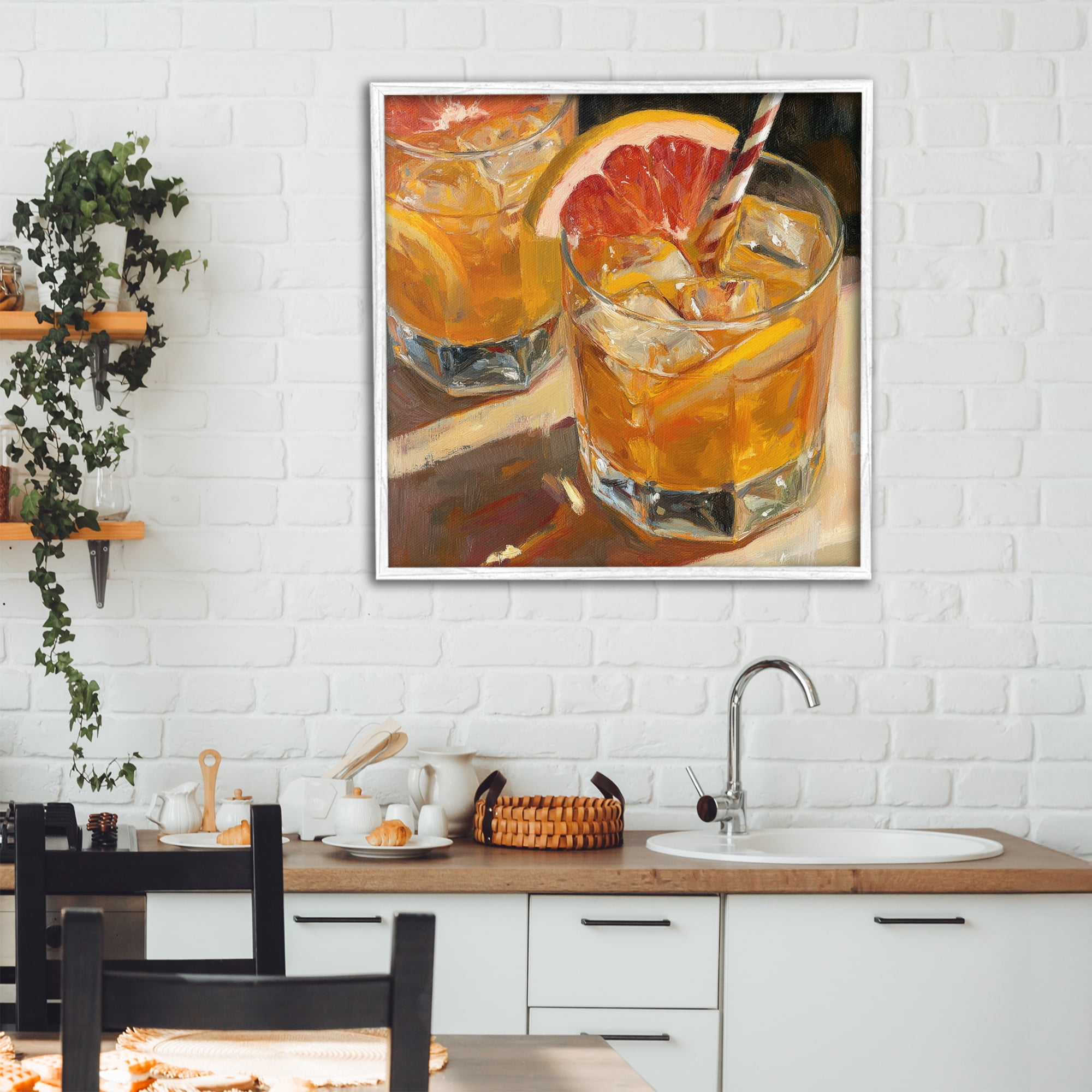 Stupell Industries Grapefruit Cocktail with Ice Cubes White Framed Giclee Art, design by Petal Prints Design