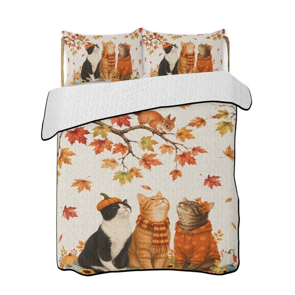 Quilts Queen Size Bedding Set, Fall Cat Reversible Summer Quilt 3 Pieces, Thanksgiving Autumn Harvest Vintage Maple Leaf Lightweight Bedspreads Coverlets with 2 Pillow Shams for All Seasons