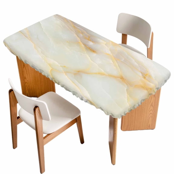 White Golden Marble Table Cloths for 5 Foot Rectangle Tables, Abstract Modern Art Marble Cracks Patio Waterproof Elastic Fitted Tablecloths, Washable Rectangular Table Cover for Camping