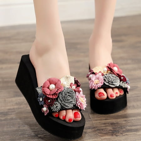 

Women Girls Floral Wedges Bohemian Style Sandals Slippers Beach Shoes