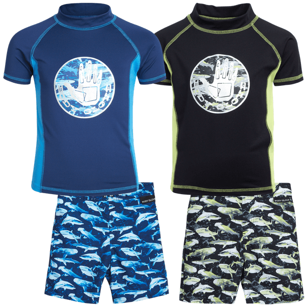 Body Glove Boys' Rash Guard Set 4 Piece UPF 50+ Short Sleeve Swim Shirt and Bathing Suit
