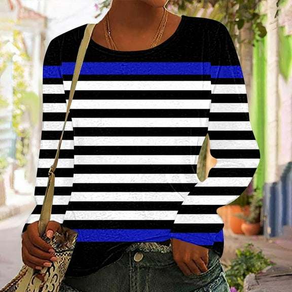 Long Sleeve T Shirt Fashion Casual Striped Tops for Women Crew Neck Slim Fitted Going Out Tops Y2K Outfits 2025 Blue M