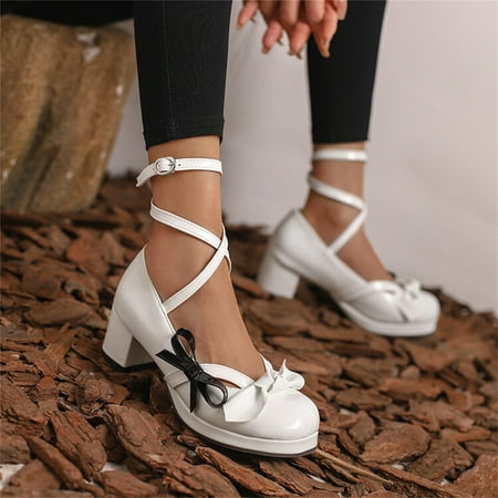 

Cathalem Ladies Fashion Solid Color Bright Leather Bow Decorative Buckle Thick High Heeled Leather Pump High Heels for Women White 6.5