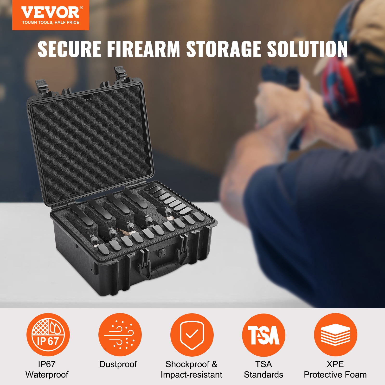 VEVOR Hard Pistol Cases with Pre-cut Lining, Waterproof & Dustproof Hard Gun Case for 5 Pistol, 18.9×16.3×8.5 in Lockable Pistol Case, Black