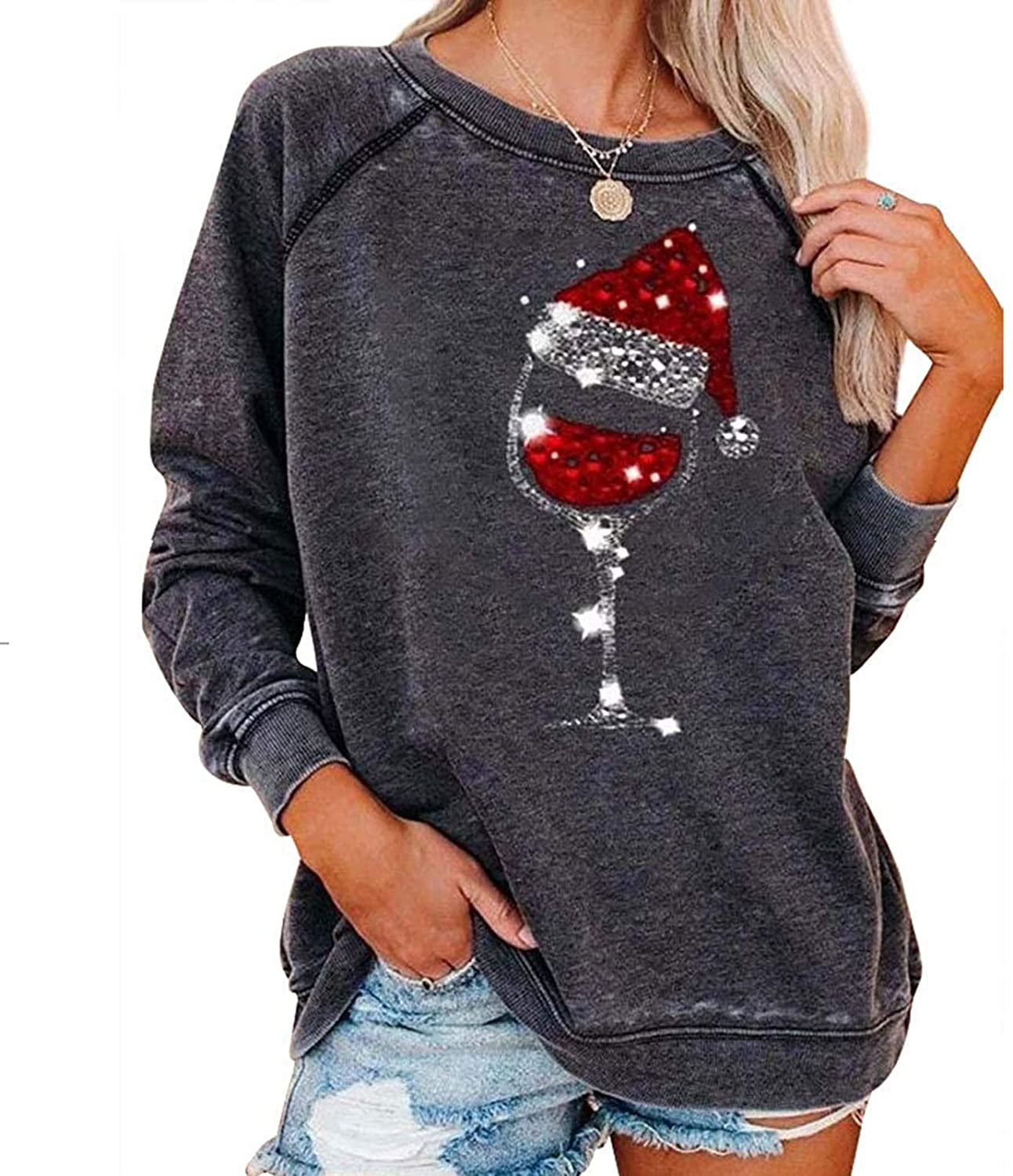 POTO Women Christmas Tops Womens Long Sleeve Red Wine Glass Pullover Sweatshirt Graphic Casual Crewneck Shirts Sweater 