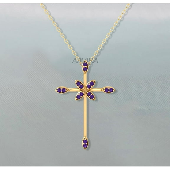 Aavira Minimalist Cross Pendant Necklace, Amethyst Gemstone, Religious Cross Jewellery, 14k Yellow Gold Plated