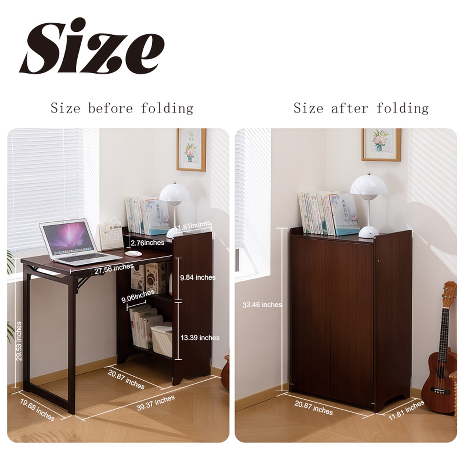Bamboo Folding Desk, Foldable Desk for Small Space, Computer Desk with Hidden Storage, Mid Century Foldable Table for Home Office and Bedroom (Walnut Brown)